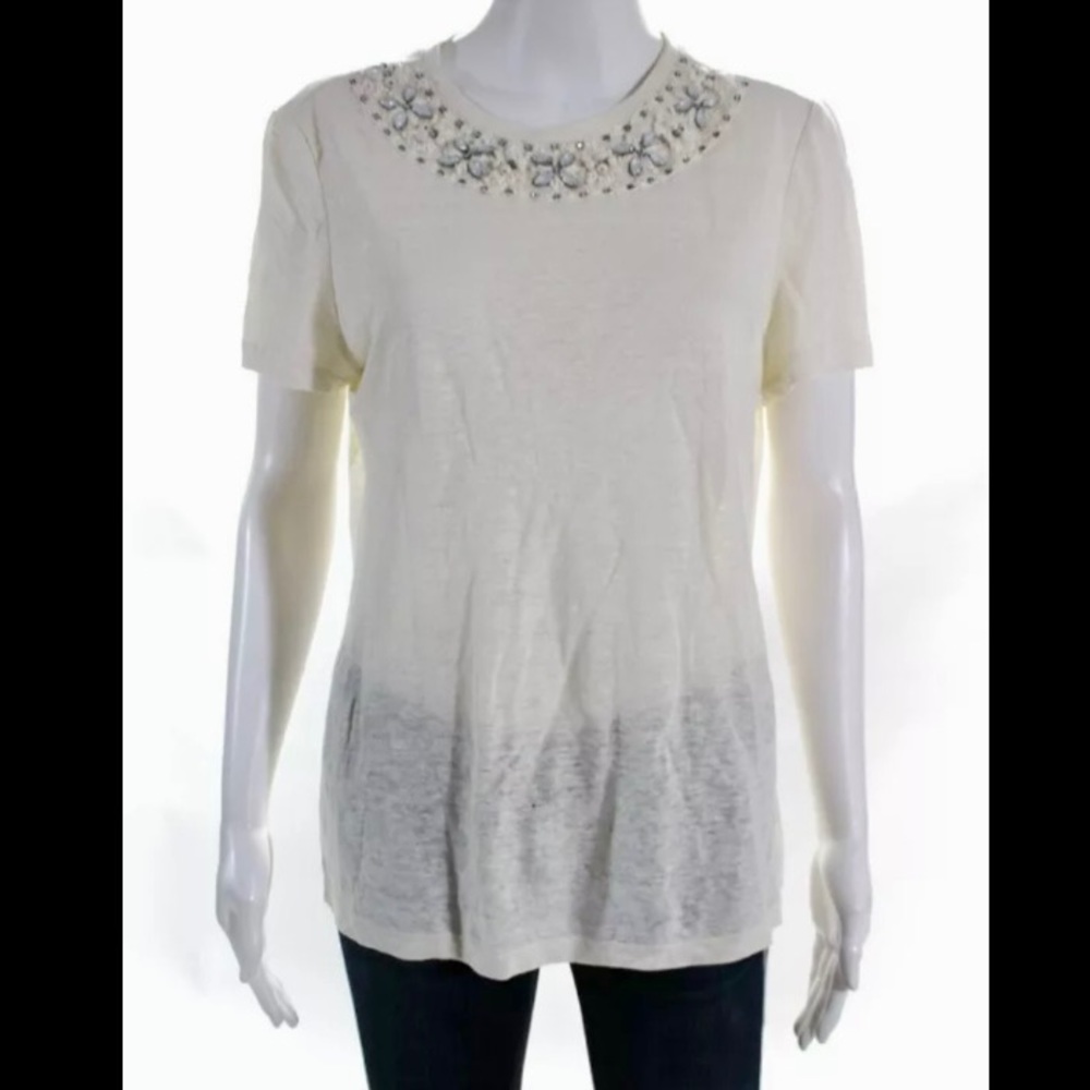 Tory Burch Womens Beaded Linen Short Sleeve Blouse Cream Size Medium